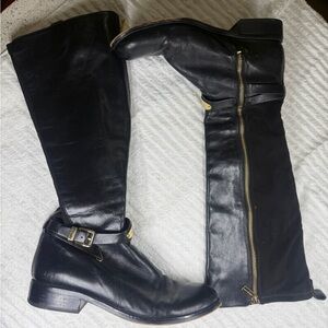Michael Kors Black Leather Gold Hardware Buckle Arley Knee High Riding Boots